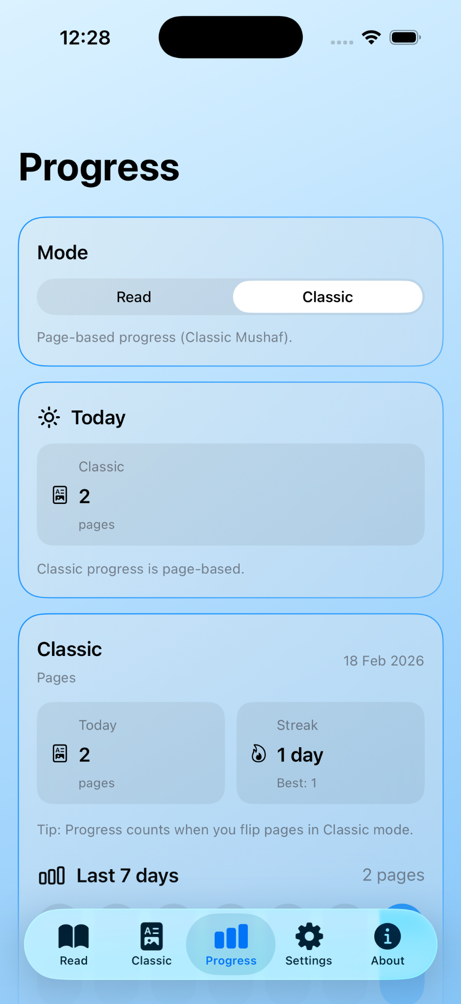 Progress tab showing classic mode page-based progress