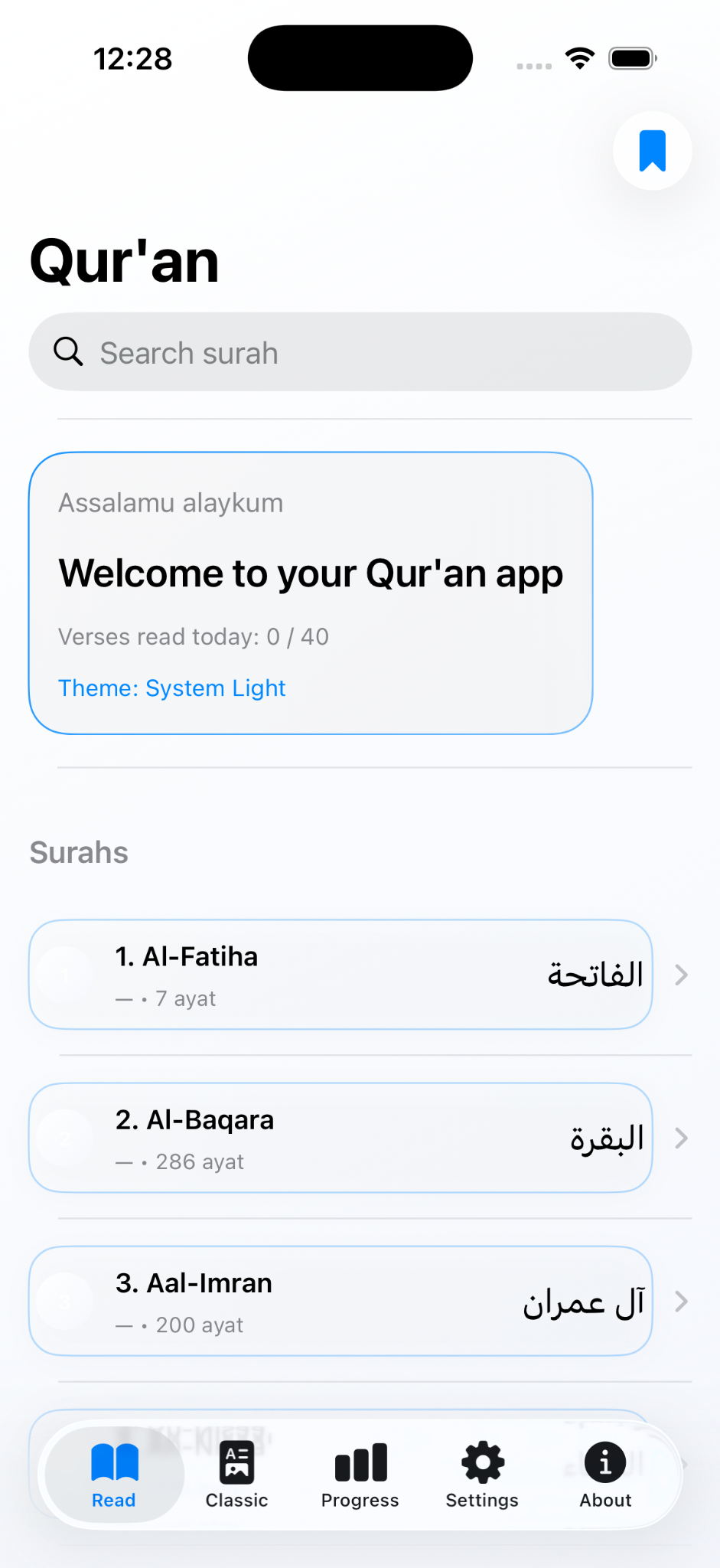 Read tab home screen with Surah list