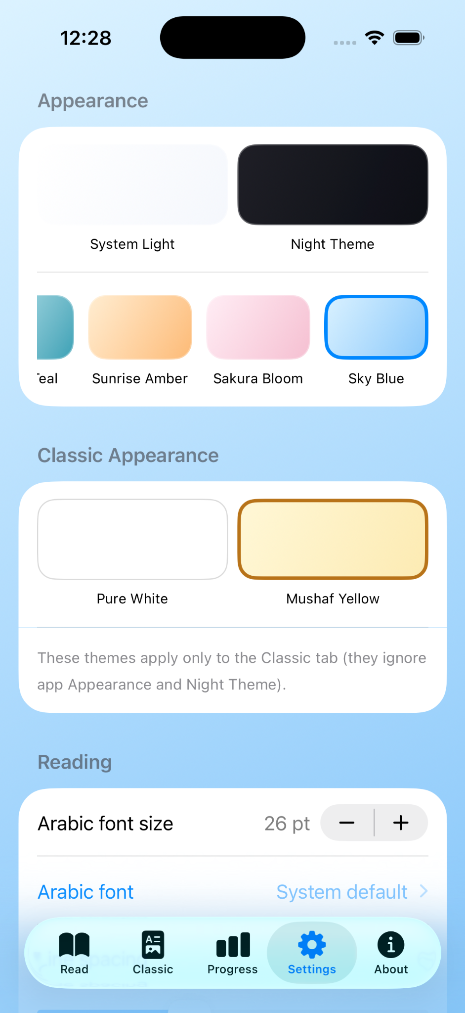 Settings screen showing appearance and classic themes