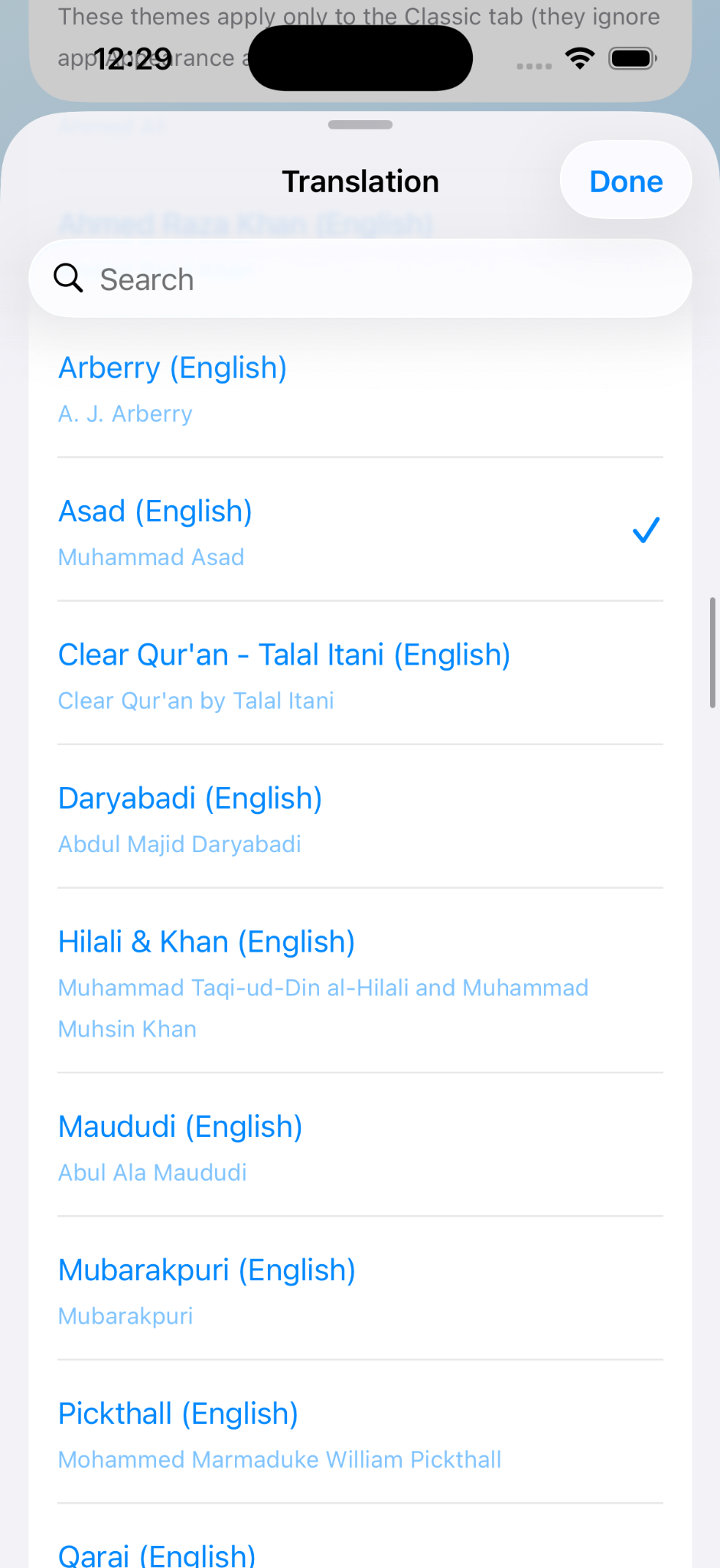 Translation selection sheet